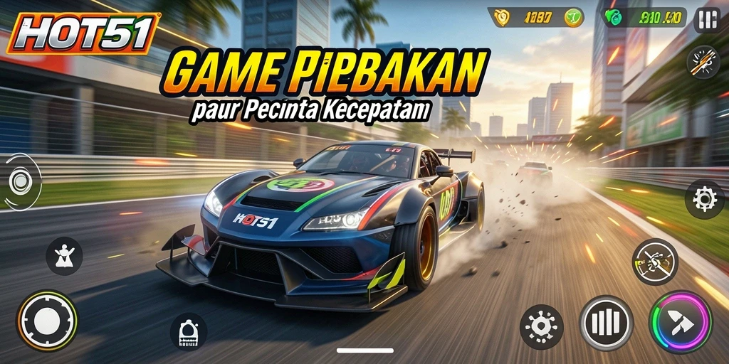Tampilan balapan seru dengan kendaraan melaju kencang di HOT51.
