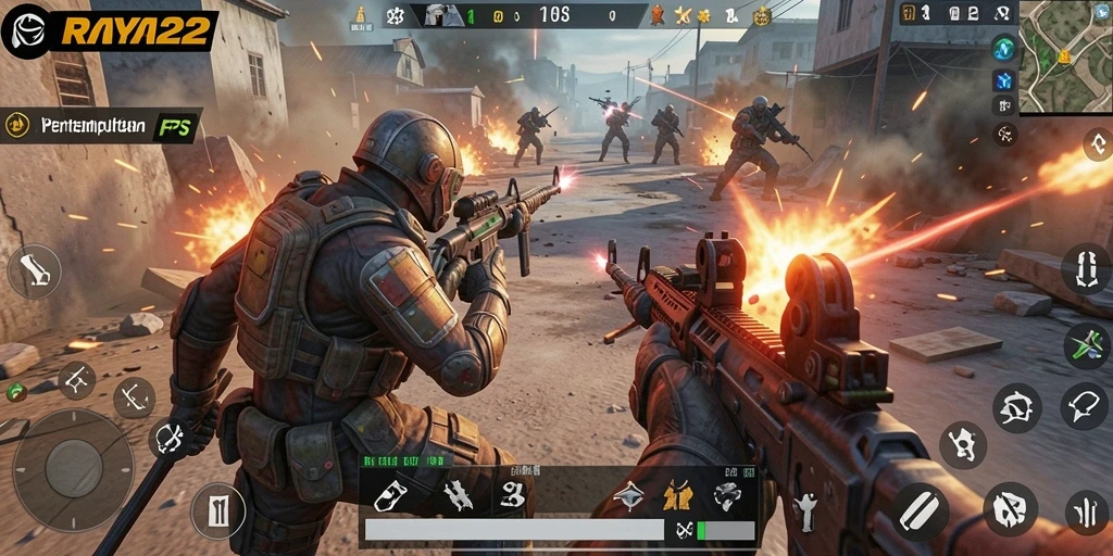 Screenshot utama gameplay RAYA22 yang menampilkan pertempuran FPS seru.
